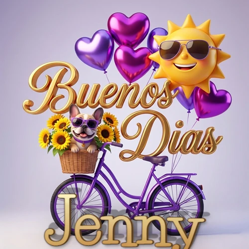 Bicicleta morada con cesta de girasoles y perrito, globos corazón, sol sonriente, nombre grande dorado abajo. Nombre personalizado: Jenny.