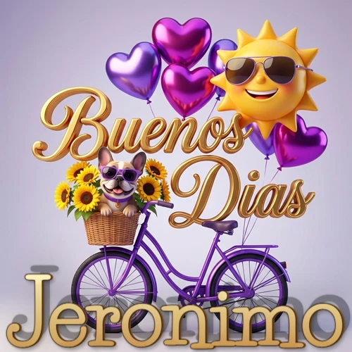 Bicicleta morada con cesta de girasoles y perrito, globos corazón, sol sonriente, nombre grande dorado abajo. Nombre personalizado: Jeronimo.