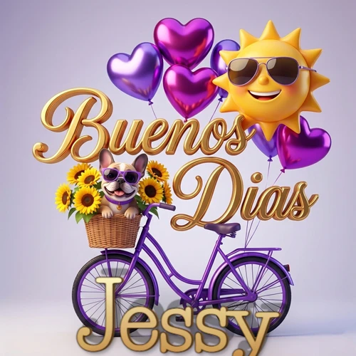 Bicicleta morada con cesta de girasoles y perrito, globos corazón, sol sonriente, nombre grande dorado abajo. Nombre personalizado: Jessy.