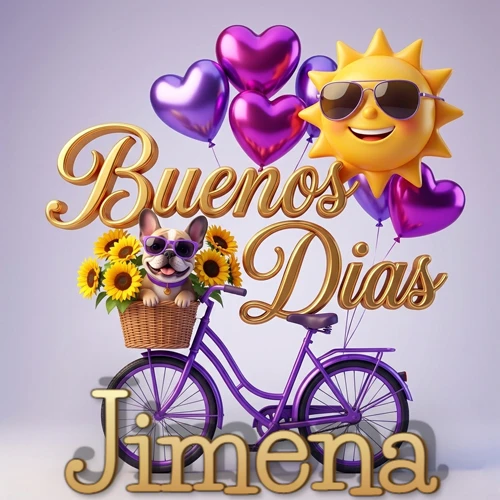 Bicicleta morada con cesta de girasoles y perrito, globos corazón, sol sonriente, nombre grande dorado abajo. Nombre personalizado: Jimena.