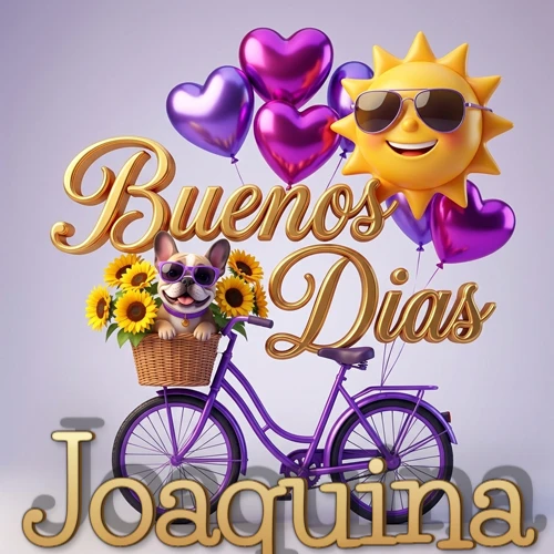 Bicicleta morada con cesta de girasoles y perrito, globos corazón, sol sonriente, nombre grande dorado abajo. Nombre personalizado: Joaquina.