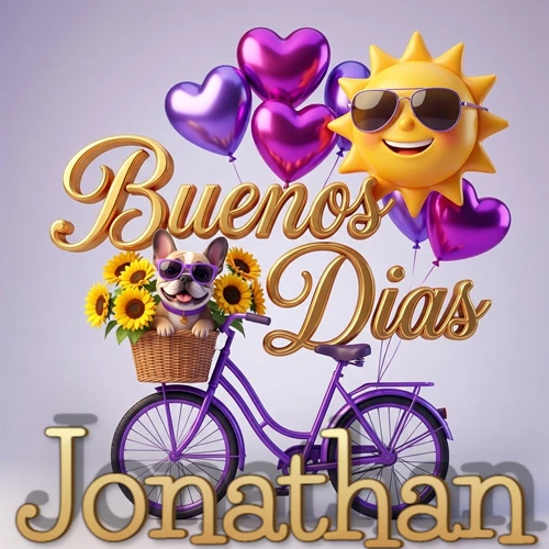 Bicicleta morada con cesta de girasoles y perrito, globos corazón, sol sonriente, nombre grande dorado abajo. Nombre personalizado: Jonathan.