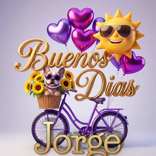 Bicicleta morada con cesta de girasoles y perrito, globos corazón, sol sonriente, nombre grande dorado abajo. Nombre personalizado: Jorge.