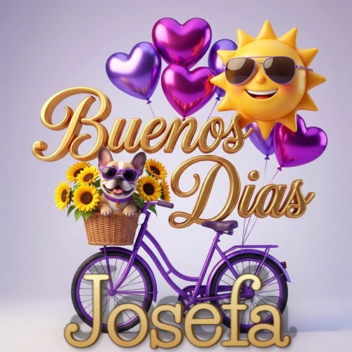 Bicicleta morada con cesta de girasoles y perrito, globos corazón, sol sonriente, nombre grande dorado abajo. Nombre personalizado: Josefa. Bicicleta morada con cesta de girasoles y perrito, globos corazón, sol sonriente, nombre grande dorado abajo. Nombre personalizado: Josefa.