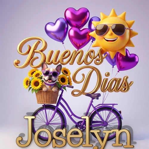 Bicicleta morada con cesta de girasoles y perrito, globos corazón, sol sonriente, nombre grande dorado abajo. Nombre personalizado: Joselyn.