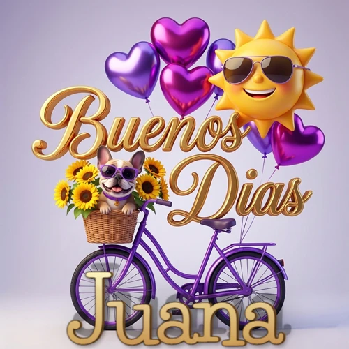 Bicicleta morada con cesta de girasoles y perrito, globos corazón, sol sonriente, nombre grande dorado abajo. Nombre personalizado: Juana.