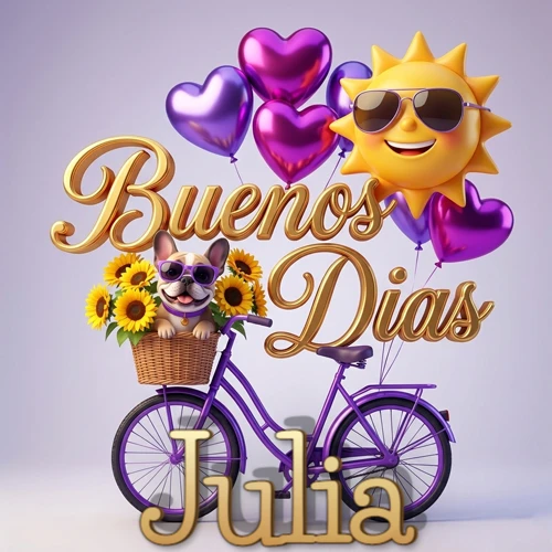 Bicicleta morada con cesta de girasoles y perrito, globos corazón, sol sonriente, nombre grande dorado abajo. Nombre personalizado: Julia.