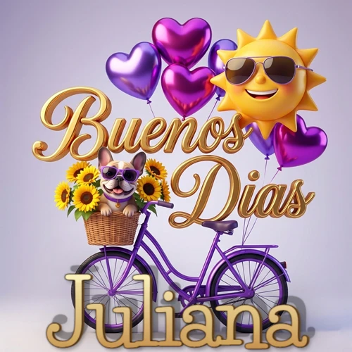 Bicicleta morada con cesta de girasoles y perrito, globos corazón, sol sonriente, nombre grande dorado abajo. Nombre personalizado: Juliana.