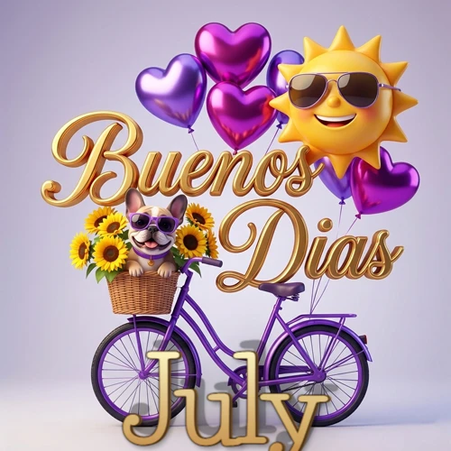Bicicleta morada con cesta de girasoles y perrito, globos corazón, sol sonriente, nombre grande dorado abajo. Nombre personalizado: July.