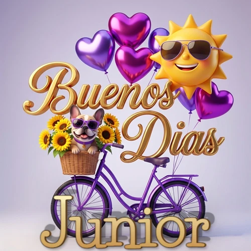 Bicicleta morada con cesta de girasoles y perrito, globos corazón, sol sonriente, nombre grande dorado abajo. Nombre personalizado: Junior.