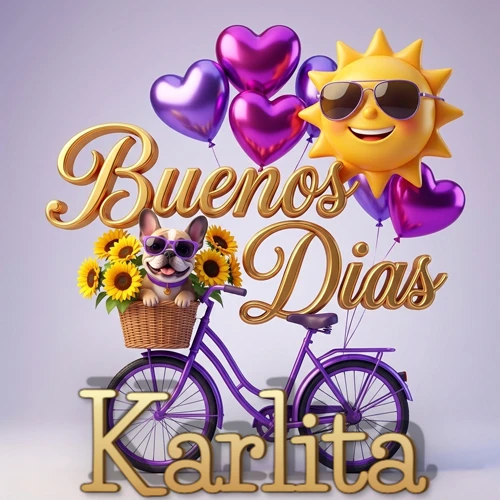 Bicicleta morada con cesta de girasoles y perrito, globos corazón, sol sonriente, nombre grande dorado abajo. Nombre personalizado: Karlita.