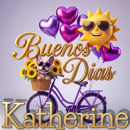 Bicicleta morada con cesta de girasoles y perrito, globos corazón, sol sonriente, nombre grande dorado abajo. Nombre personalizado: Katherine.