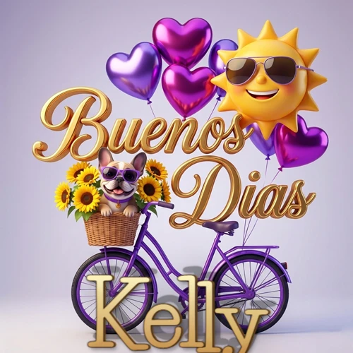 Bicicleta morada con cesta de girasoles y perrito, globos corazón, sol sonriente, nombre grande dorado abajo. Nombre personalizado: Kelly.