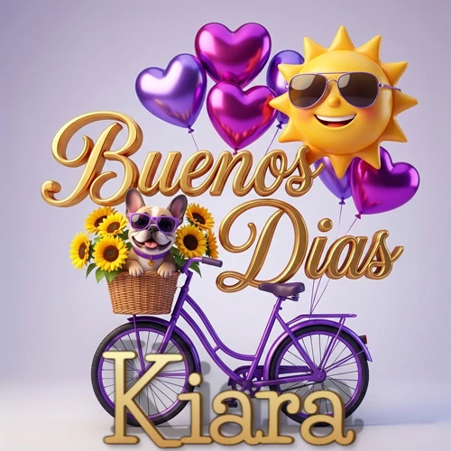 Bicicleta morada con cesta de girasoles y perrito, globos corazón, sol sonriente, nombre grande dorado abajo. Nombre personalizado: Kiara.