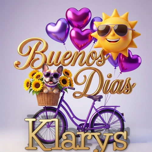 Bicicleta morada con cesta de girasoles y perrito, globos corazón, sol sonriente, nombre grande dorado abajo. Nombre personalizado: Klarys.