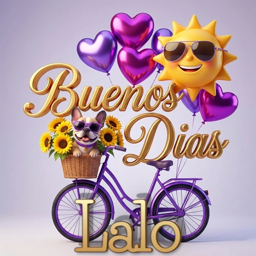 Bicicleta morada con cesta de girasoles y perrito, globos corazón, sol sonriente, nombre grande dorado abajo. Nombre personalizado: Lalo.