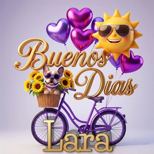 Bicicleta morada con cesta de girasoles y perrito, globos corazón, sol sonriente, nombre grande dorado abajo. Nombre personalizado: Lara.