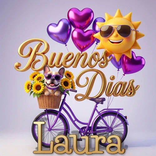 Bicicleta morada con cesta de girasoles y perrito, globos corazón, sol sonriente, nombre grande dorado abajo. Nombre personalizado: Laura.