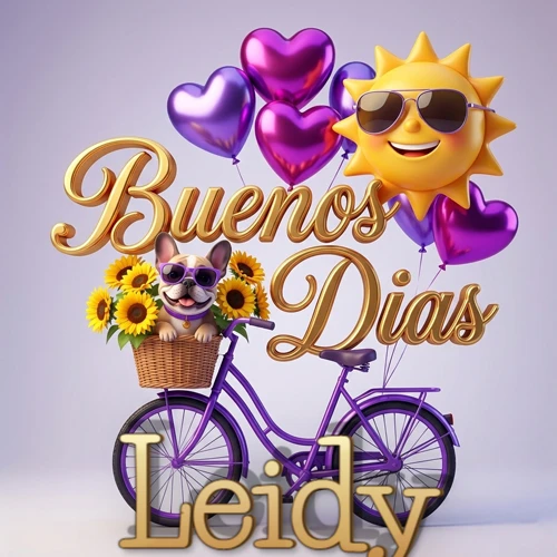 Bicicleta morada con cesta de girasoles y perrito, globos corazón, sol sonriente, nombre grande dorado abajo. Nombre personalizado: Leidy.