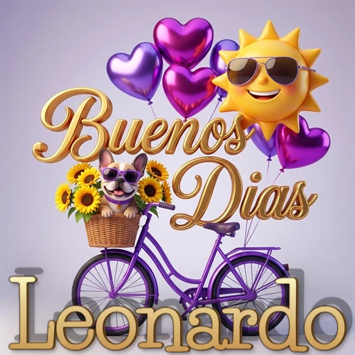 Bicicleta morada con cesta de girasoles y perrito, globos corazón, sol sonriente, nombre grande dorado abajo. Nombre personalizado: Leonardo.