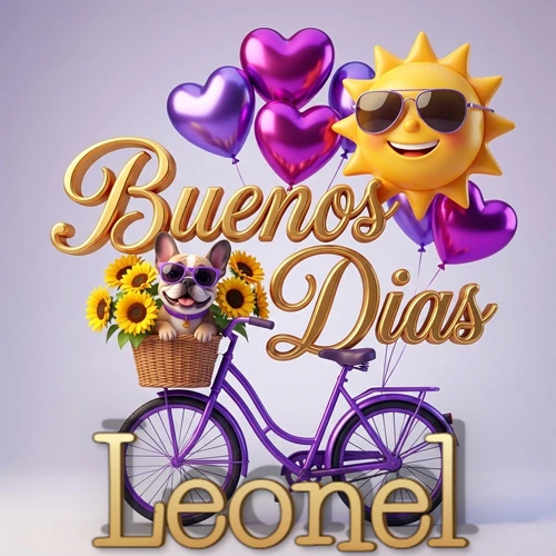Bicicleta morada con cesta de girasoles y perrito, globos corazón, sol sonriente, nombre grande dorado abajo. Nombre personalizado: Leonel.