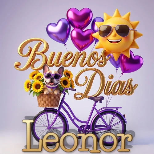 Bicicleta morada con cesta de girasoles y perrito, globos corazón, sol sonriente, nombre grande dorado abajo. Nombre personalizado: Leonor.