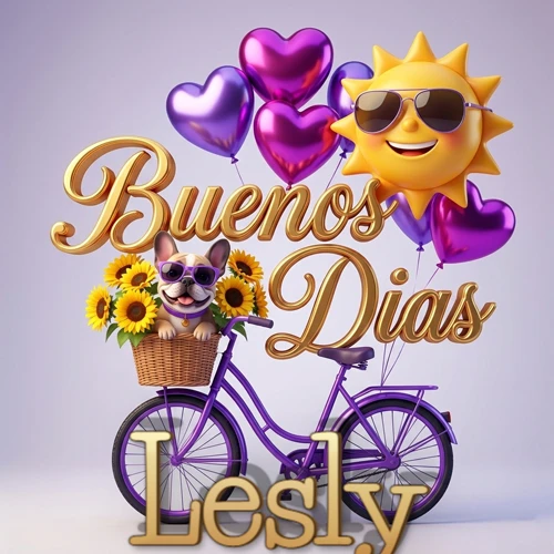 Bicicleta morada con cesta de girasoles y perrito, globos corazón, sol sonriente, nombre grande dorado abajo. Nombre personalizado: Lesly.