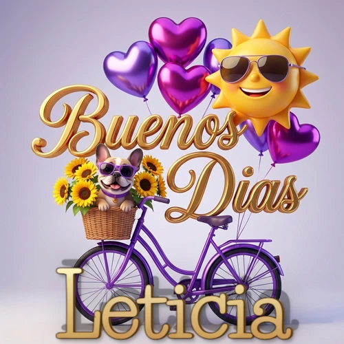 Bicicleta morada con cesta de girasoles y perrito, globos corazón, sol sonriente, nombre grande dorado abajo. Nombre personalizado: Leticia.