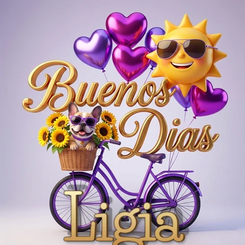 Bicicleta morada con cesta de girasoles y perrito, globos corazón, sol sonriente, nombre grande dorado abajo. Nombre personalizado: Ligia.