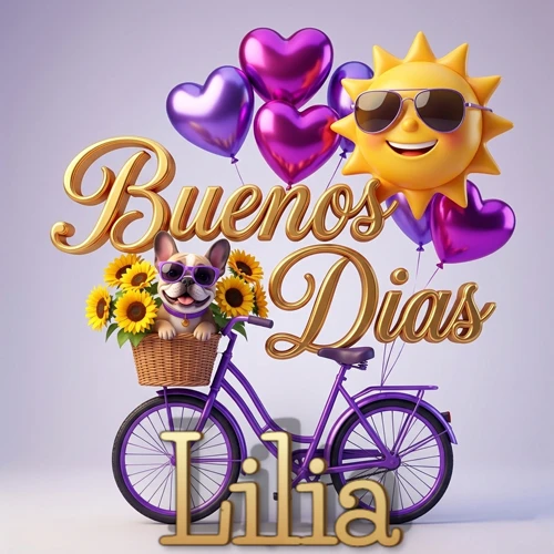 Bicicleta morada con cesta de girasoles y perrito, globos corazón, sol sonriente, nombre grande dorado abajo. Nombre personalizado: Lilia.