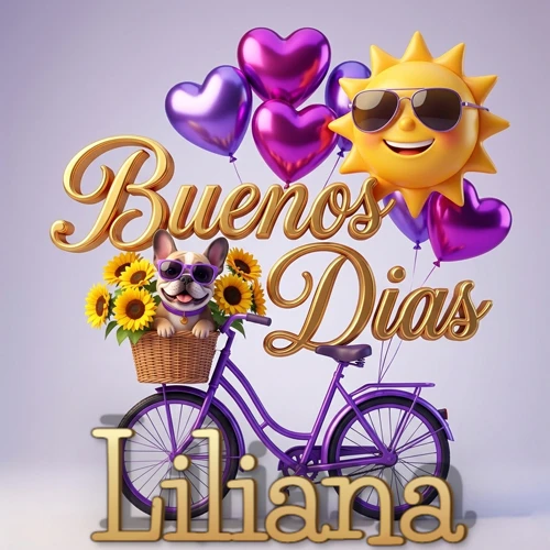 Bicicleta morada con cesta de girasoles y perrito, globos corazón, sol sonriente, nombre grande dorado abajo. Nombre personalizado: Liliana.