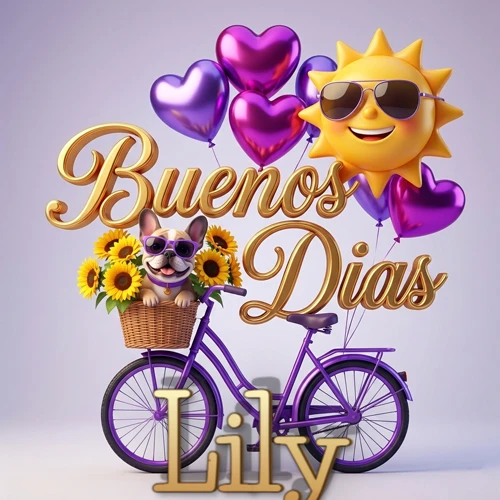 Bicicleta morada con cesta de girasoles y perrito, globos corazón, sol sonriente, nombre grande dorado abajo. Nombre personalizado: Lily.