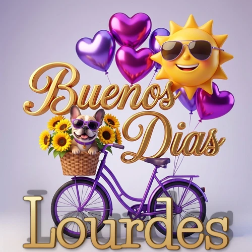 Bicicleta morada con cesta de girasoles y perrito, globos corazón, sol sonriente, nombre grande dorado abajo. Nombre personalizado: Lourdes.