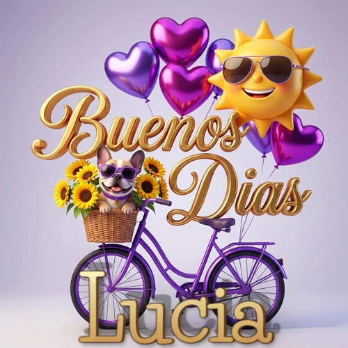 Bicicleta morada con cesta de girasoles y perrito, globos corazón, sol sonriente, nombre grande dorado abajo. Nombre personalizado: Lucia.