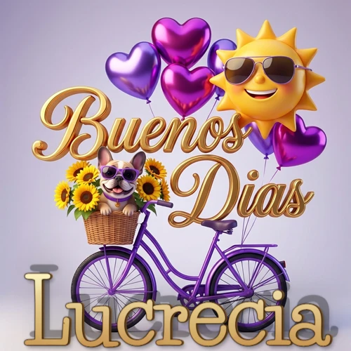 Bicicleta morada con cesta de girasoles y perrito, globos corazón, sol sonriente, nombre grande dorado abajo. Nombre personalizado: Lucrecia.