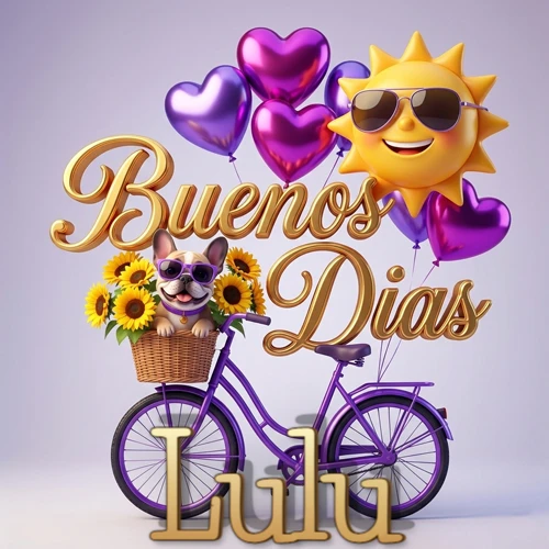 Bicicleta morada con cesta de girasoles y perrito, globos corazón, sol sonriente, nombre grande dorado abajo. Nombre personalizado: Lulu.