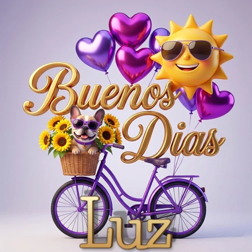 Bicicleta morada con cesta de girasoles y perrito, globos corazón, sol sonriente, nombre grande dorado abajo. Nombre personalizado: Luz.
