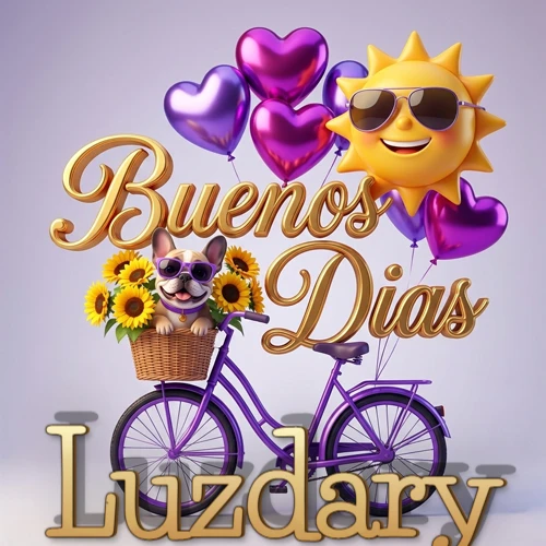 Bicicleta morada con cesta de girasoles y perrito, globos corazón, sol sonriente, nombre grande dorado abajo. Nombre personalizado: Luzdary.