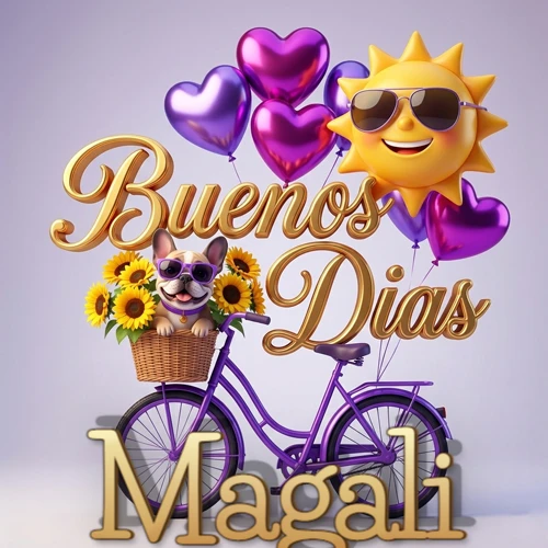 Bicicleta morada con cesta de girasoles y perrito, globos corazón, sol sonriente, nombre grande dorado abajo. Nombre personalizado: Magali.