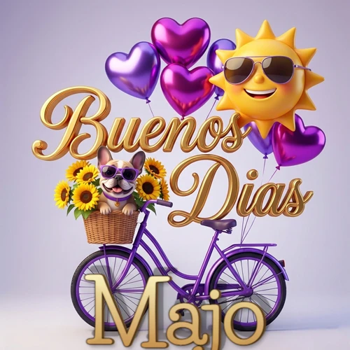 Bicicleta morada con cesta de girasoles y perrito, globos corazón, sol sonriente, nombre grande dorado abajo. Nombre personalizado: Majo.