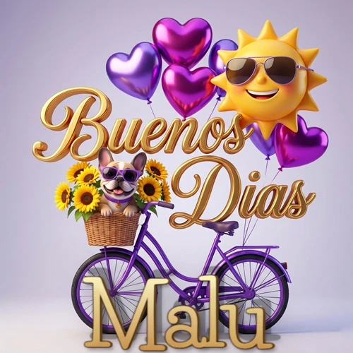 Bicicleta morada con cesta de girasoles y perrito, globos corazón, sol sonriente, nombre grande dorado abajo. Nombre personalizado: Malu.