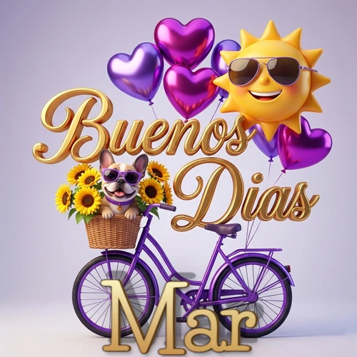 Bicicleta morada con cesta de girasoles y perrito, globos corazón, sol sonriente, nombre grande dorado abajo. Nombre personalizado: Mar. Bicicleta morada con cesta de girasoles y perrito, globos corazón, sol sonriente, nombre grande dorado abajo. Nombre personalizado: Mar.