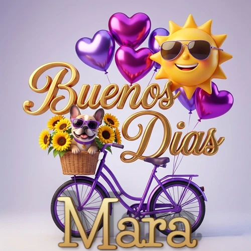 Bicicleta morada con cesta de girasoles y perrito, globos corazón, sol sonriente, nombre grande dorado abajo. Nombre personalizado: Mara.