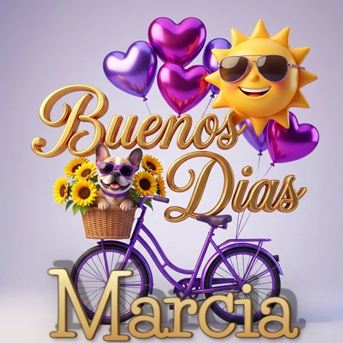 Bicicleta morada con cesta de girasoles y perrito, globos corazón, sol sonriente, nombre grande dorado abajo. Nombre personalizado: Marcia.