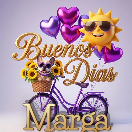 Bicicleta morada con cesta de girasoles y perrito, globos corazón, sol sonriente, nombre grande dorado abajo. Nombre personalizado: Marga.
