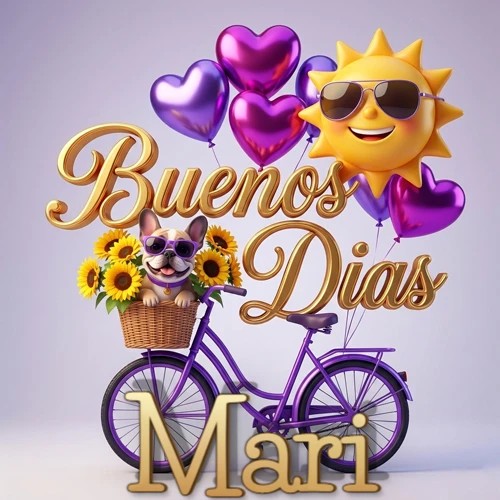 Bicicleta morada con cesta de girasoles y perrito, globos corazón, sol sonriente, nombre grande dorado abajo. Nombre personalizado: Mari.