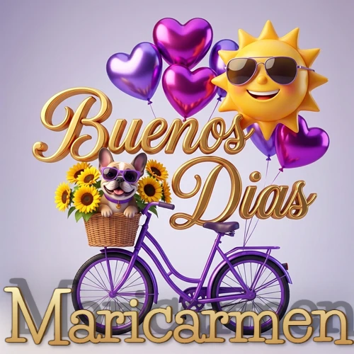 Bicicleta morada con cesta de girasoles y perrito, globos corazón, sol sonriente, nombre grande dorado abajo. Nombre personalizado: Maricarmen.