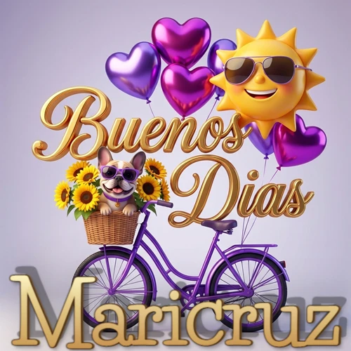 Bicicleta morada con cesta de girasoles y perrito, globos corazón, sol sonriente, nombre grande dorado abajo. Nombre personalizado: Maricruz.