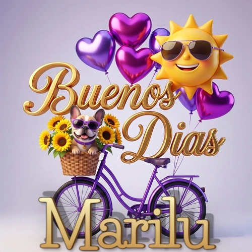 Bicicleta morada con cesta de girasoles y perrito, globos corazón, sol sonriente, nombre grande dorado abajo. Nombre personalizado: Marilu.