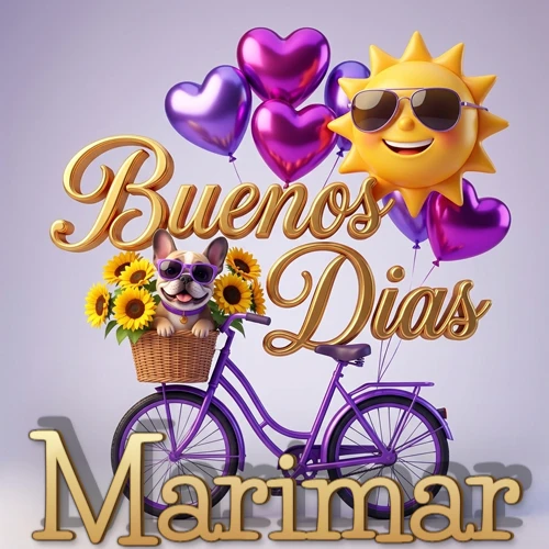 Bicicleta morada con cesta de girasoles y perrito, globos corazón, sol sonriente, nombre grande dorado abajo. Nombre personalizado: Marimar.